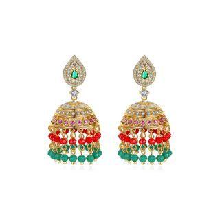 Vintage Ethnic Style Plated Gold Geometric Wind Chimes Tassel Green Cubic Zirconia Earrings Golden - One Size