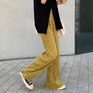 High-waist Color-block Check Wide-leg Pants Yellow - One Size