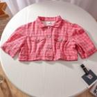 Elbow-sleeve Houndstooth Cropped Denim Jacket Print - Pink - One Size