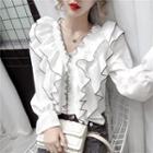 Bell-sleeve Contrast Trim Ruffled Blouse