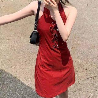 Sleeveless Lace-up A-line Dress Red - One Size