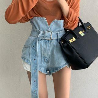 Long-sleeve Plain T-shirt / Denim Shorts