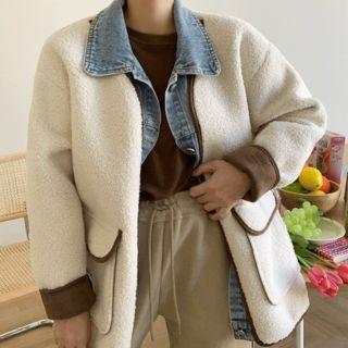 Mock Two-piece Denim-trim Sherpa-fleece Jacket