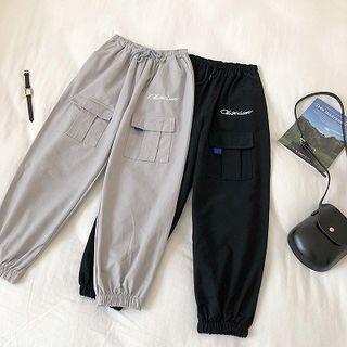 Lettering Embroidered High-waist Cargo Pants