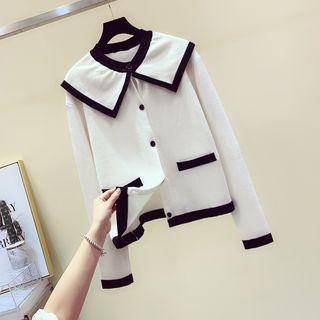 Contrast-trim Collared Knit Cardigan