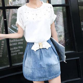 Short-sleeve Rhinestone Denim Hem Bowed Dress