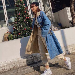 Fleece-lining Long Denim Coat Blue - One Size