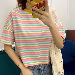 Color-block Striped Lace-up Short-sleeve T-shirt