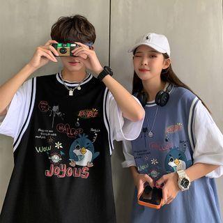 3/4-sleeve Mock Two Piece Cartoon Print T-shirt