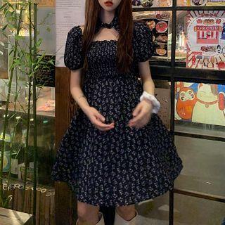 Floral Short-sleeve A-line Dress Floral - Purple & Black - One Size