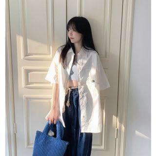 Short-sleeve Lapel Plain Loose-fit Top