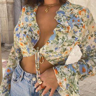 Floral Print Tie-front Cropped Blouse
