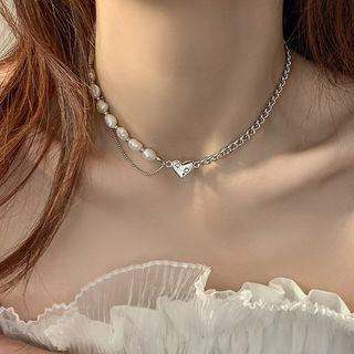 Heart Freshwater Pearl Choker Silver - One Size