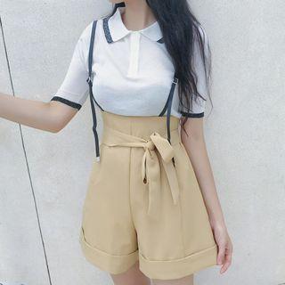 Contrast Trim Short Sleeve Polo Shirt / Suspender Shorts