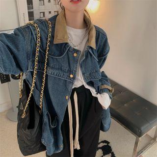 Contrast Trim Denim Jacket Dark Blue - One Size