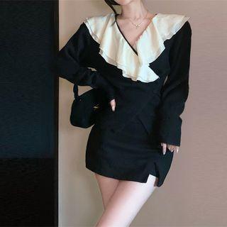 Long-sleeve V-neck Ruffle Slim-fit Dress Black - One Size