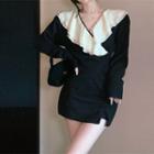 Long-sleeve V-neck Ruffle Slim-fit Dress Black - One Size
