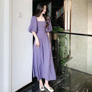 Puff Short-sleeve Midi A-line Dress