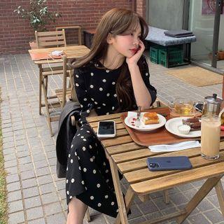 Floral Print Elbow-sleeve Maxi A-line Dress Black - One Size