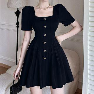 Puff-sleeve Square-neck Button A-line Dress