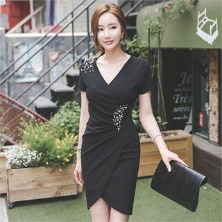 Faux-pearl Trim Shirred Sheath Dress