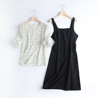 Set: Short-sleeve Dotted Blouse + Midi A-line Pinafore Dress