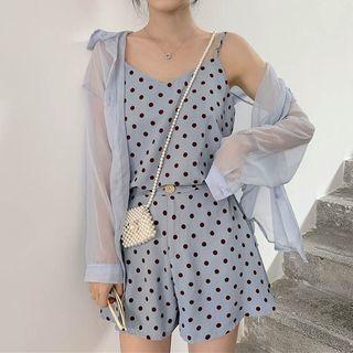 Spaghetti Strap Polka Dot Top / Wide-leg Shorts / Long-sleeve Shirt