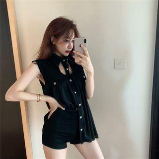 Cut-out Pocket Detail Sleeveless Blouse