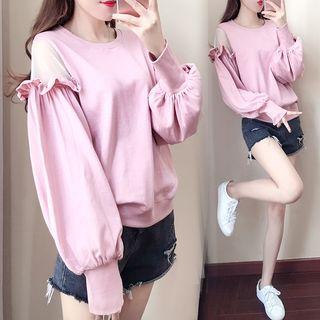 Frill Trim Mesh Panel Long-sleeve Sweatshirt