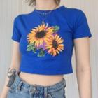 Short-sleeve Sunflower Print Cropped T-shirt