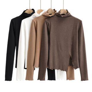 Long Sleeve Mock Neck Ruffled-trim Slit Plain T-shirt