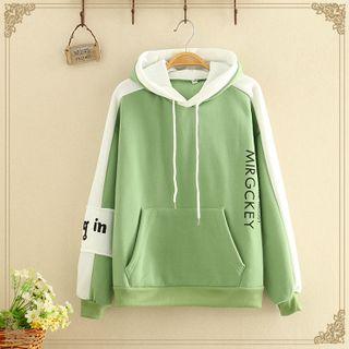 Lettering Printed Color-block Fleece-lined Hoodie