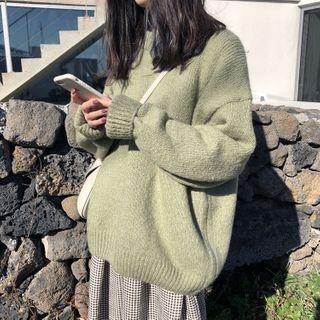 Round-neck Fleece-lined Sweater Green - One Size