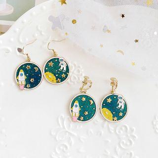 Non-matching Astronaut & Rocket Disc Dangle Earring