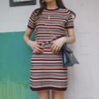 Set: Short-sleeve Striped Knit Top + Striped Knit Skirt