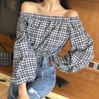 Off-shoulder Cropped Check Blouse As Shown In Figure - One Size