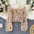 Square-neck Lantern-sleeve Floral Chiffon Top