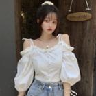 Puff-sleeve Cold Shoulder Ruffled Cropped Blouse
