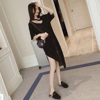 Cutout Short-sleeve Slit Long Top