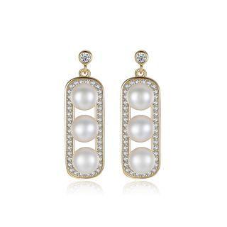 Sterling Silver Plated Gold Elegant Fashion Geometric White Freshwater Pearl Earrings With Cubic Zirconia Golden - One Size