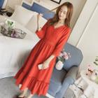 3/4-sleeve V-neck Ruffle A-line Midi Dress