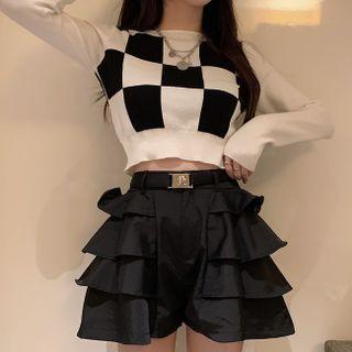 Long-sleeve Checkerboard Crop Top / Tiered Mini Skort
