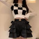 Long-sleeve Checkerboard Crop Top / Tiered Mini Skort