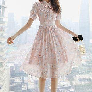 Short-sleeve Tie-neck Floral Chiffon A-line Dress