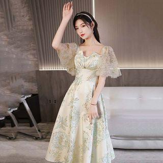 Short-sleeve Floral Embellished Midi Cocktail Dress