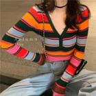 Long-sleeve Half-buttoned Striped Knit Top