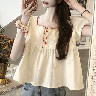 Set: Puff-sleeve Embroidered Trim Blouse + Scrunchie