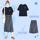 Embroidered Short-sleeve T-shirt / Plaid Midi Skirt