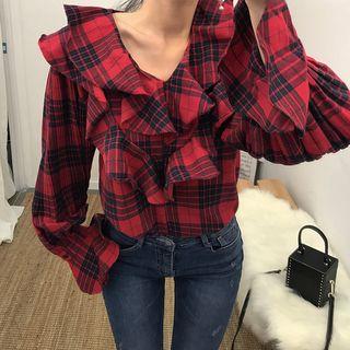 Plaid Ruffle V-neck Blouse
