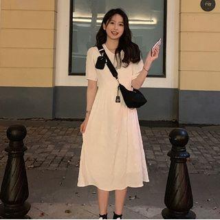 Tie-waist Short-sleeve Midi Shift Dress